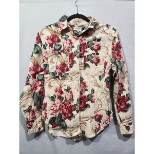 VTG‎ GUESS Colorful Floral Tan Burgundy 2-Pocket Long Sleeve Blouse Wms S USA